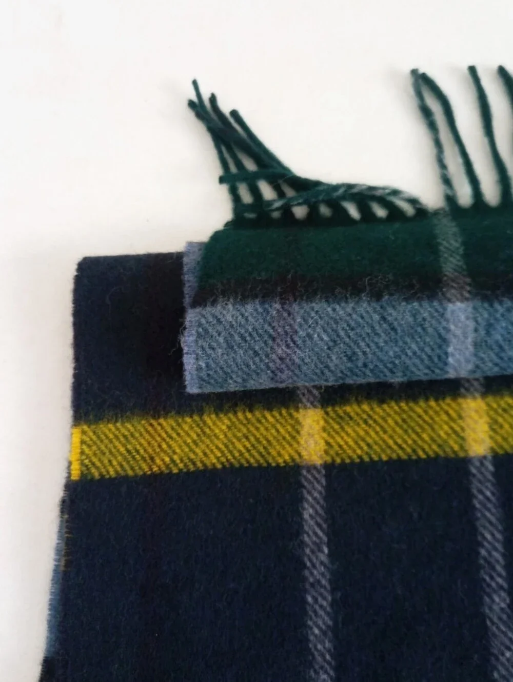 MOON for J. Crew wool plaid scarf in deep green and navy with yellow stripe high
